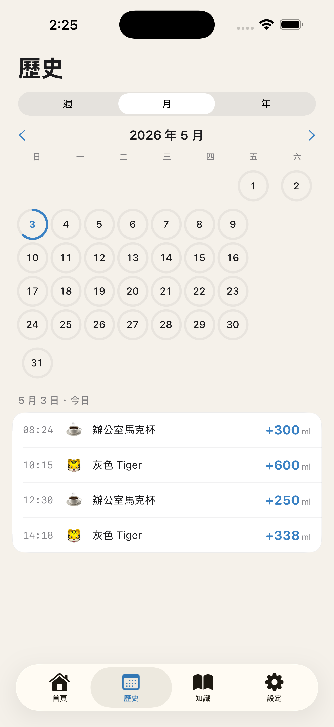 月曆檢視每天的補水